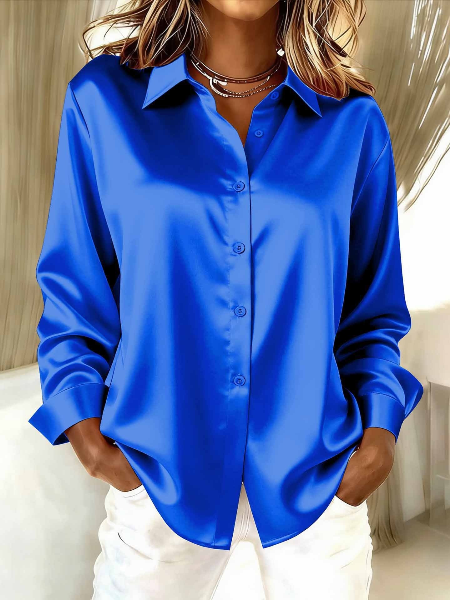 Women Plain Long Sleeve Shirt Spring/Fall Split Joint Shawl Collar Daily Casual Top
