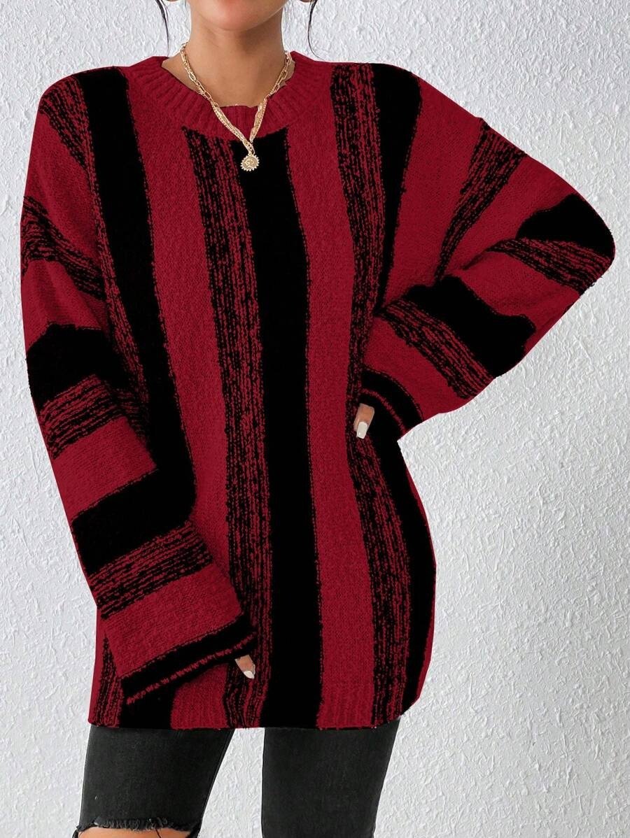 Women Striped Split Joint Winter Casual Long Sleeve Crew Neck Sweater