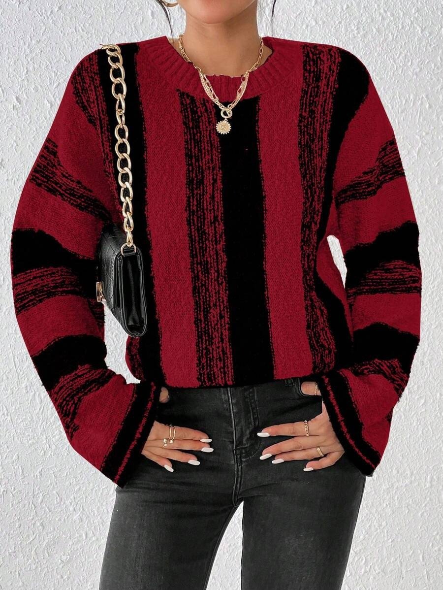 Women Striped Split Joint Winter Casual Long Sleeve Crew Neck Sweater