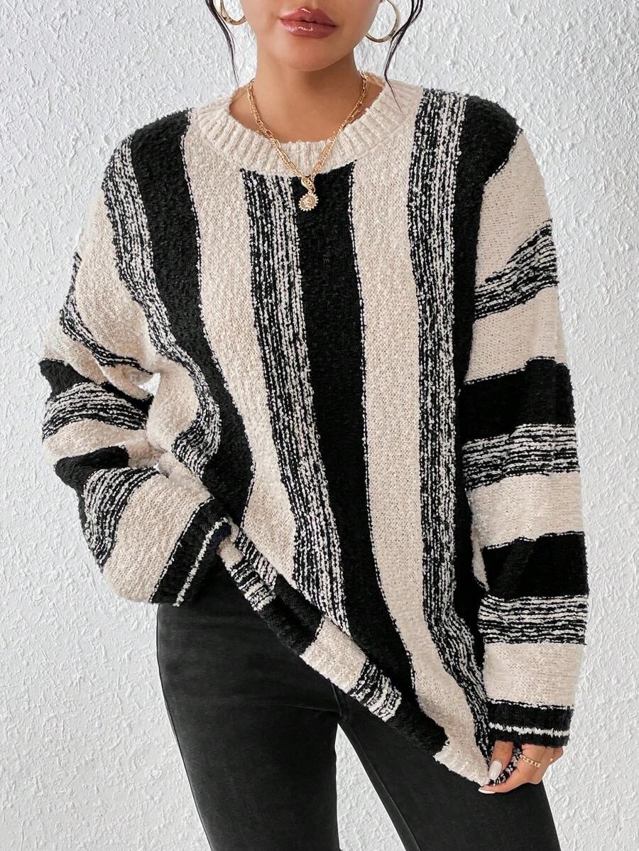 Women Striped Split Joint Winter Casual Long Sleeve Crew Neck Sweater