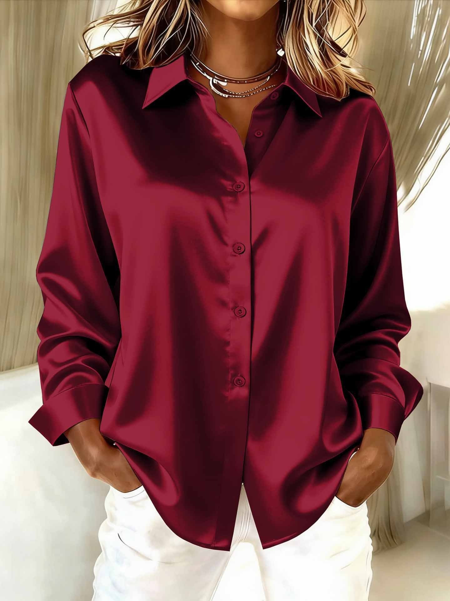 Women Plain Long Sleeve Shirt Spring/Fall Split Joint Shawl Collar Daily Casual Top