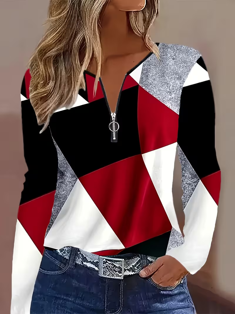 Women Abstract Long Sleeve Tee T-shirt V Neck Printing Vintage Spring/Fall Top
