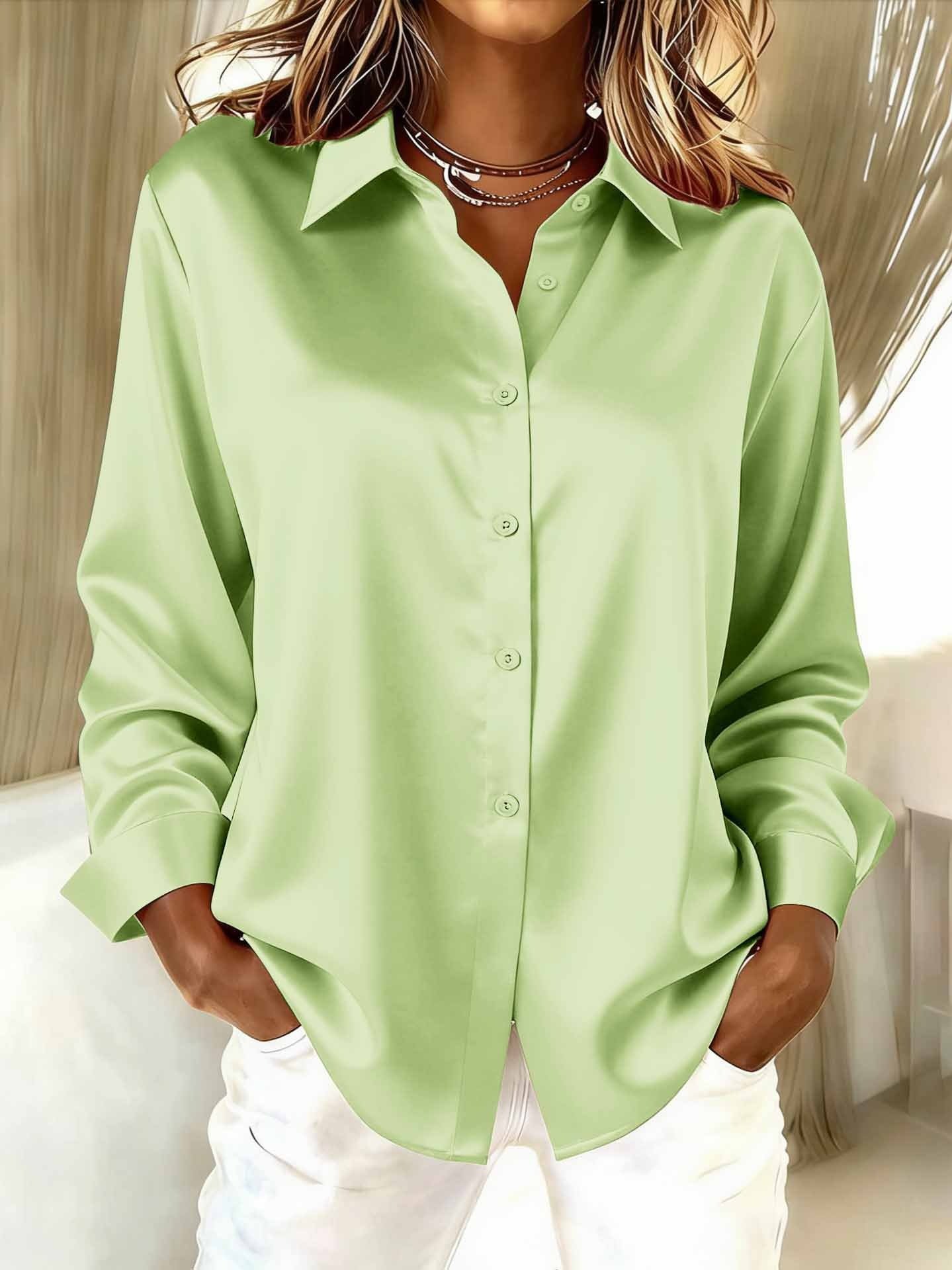 Women Plain Long Sleeve Shirt Spring/Fall Split Joint Shawl Collar Daily Casual Top