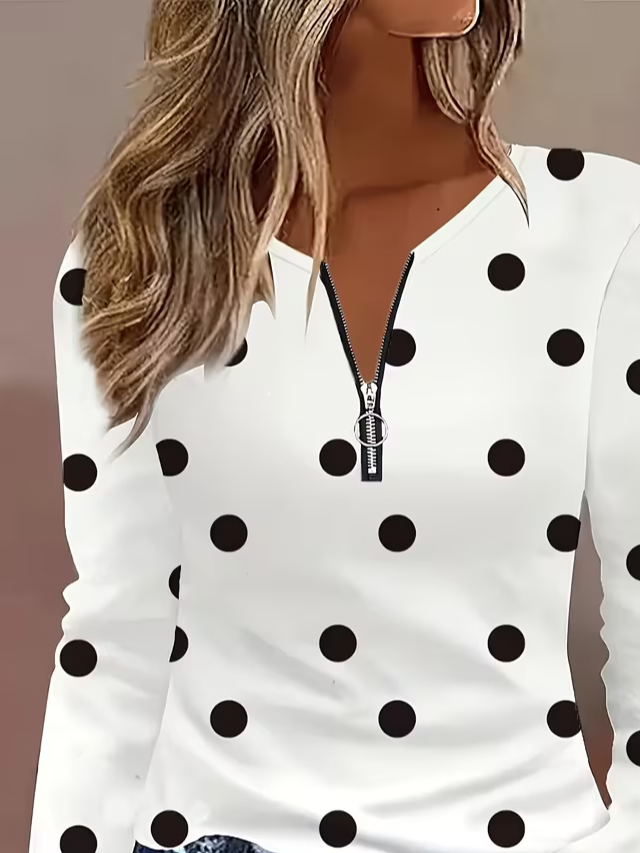 Women Polka Dots Long Sleeve Tee T-shirt V Neck Printing Vintage Spring/Fall Top