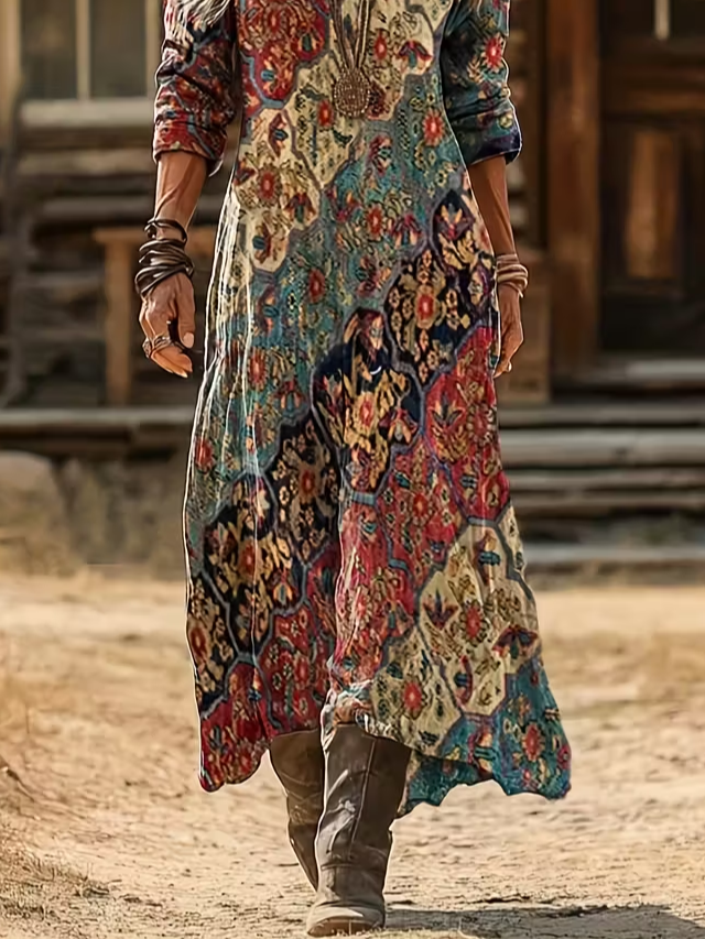 Women Abstract Long Sleeve Spring/Fall Printing Dress V Neck Daily Vintage Maxi H-Line Dress