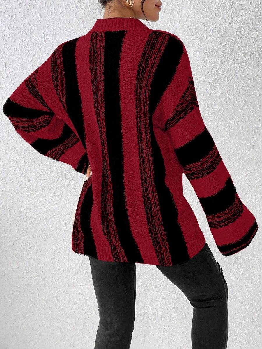Women Striped Split Joint Winter Casual Long Sleeve Crew Neck Sweater