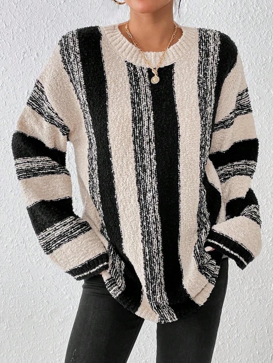 Women Striped Split Joint Winter Casual Long Sleeve Crew Neck Sweater