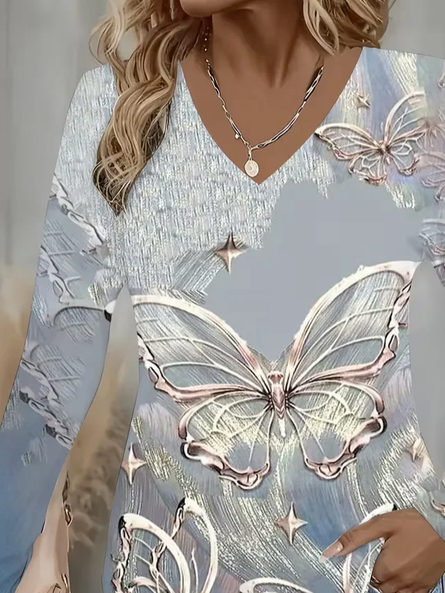 Women Butterfly Long Sleeve Tee T-shirt V Neck Printing Casual Spring/Fall Graphic Tee Top