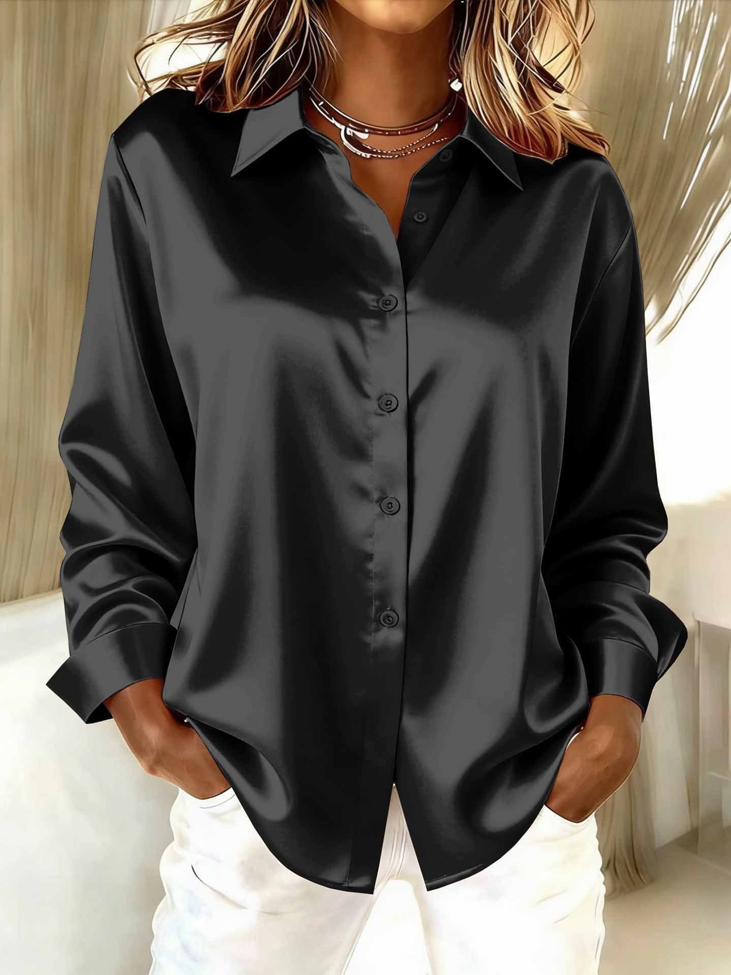 Women Plain Long Sleeve Shirt Spring/Fall Split Joint Shawl Collar Daily Casual Top