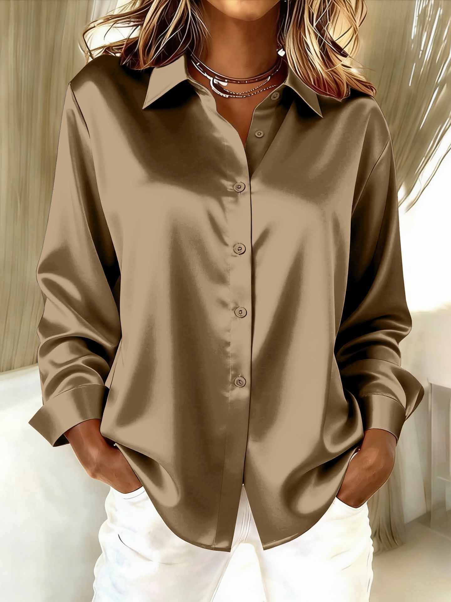 Women Plain Long Sleeve Shirt Spring/Fall Split Joint Shawl Collar Daily Casual Top