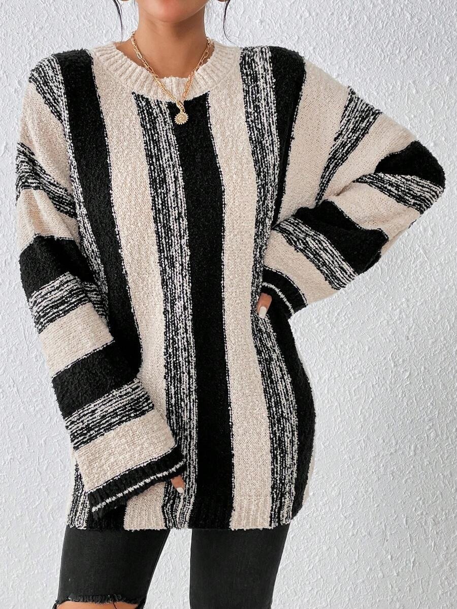 Women Striped Split Joint Winter Casual Long Sleeve Crew Neck Sweater