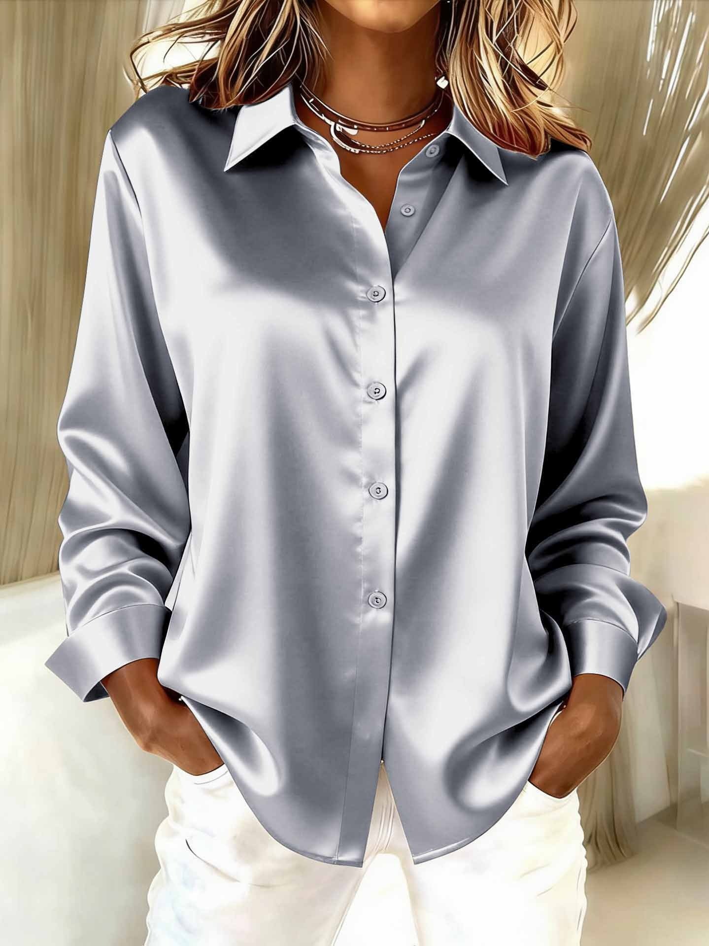 Women Plain Long Sleeve Shirt Spring/Fall Split Joint Shawl Collar Daily Casual Top