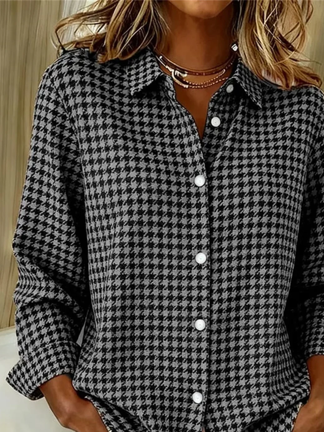 Women Houndstooth Shirt Collar Long Sleeve Shirt Buckle Regular Sleeve ...