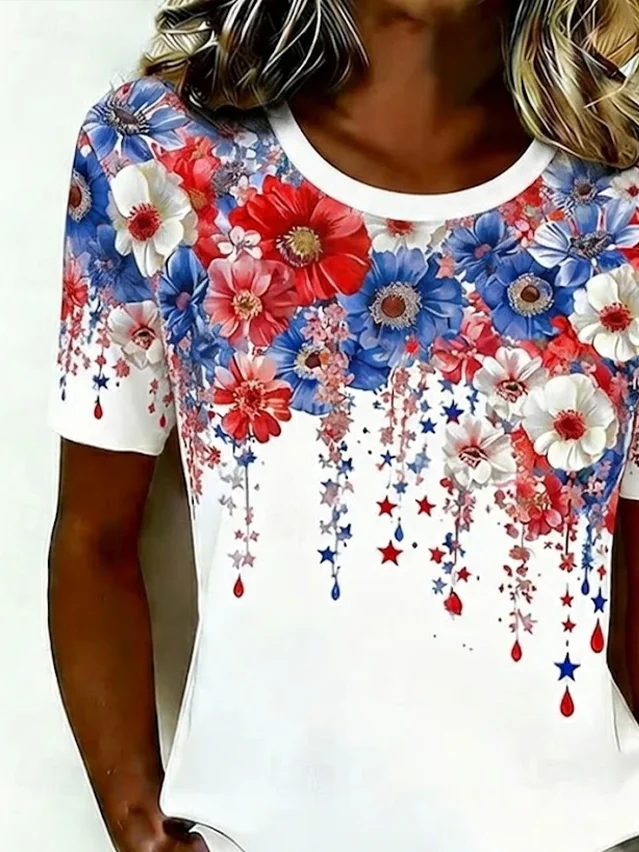 Women Floral Short Sleeve Tee T-shirt Crew Neck Printing Casual Graphic ...