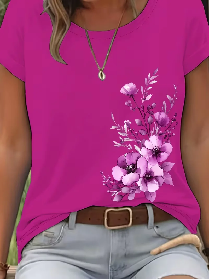 Women Floral Short Sleeve Tee T-shirt Crew Neck Printing Casual Graphic ...
