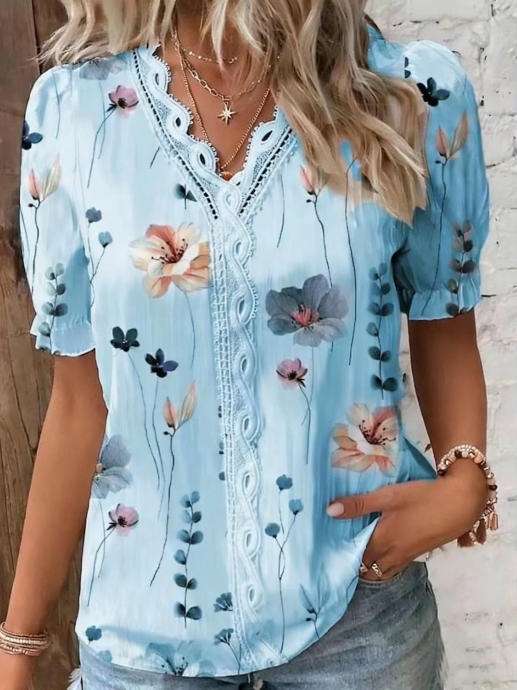 Women Floral V Neck Short Sleeve Blouse Casual Daily Summer Top ...