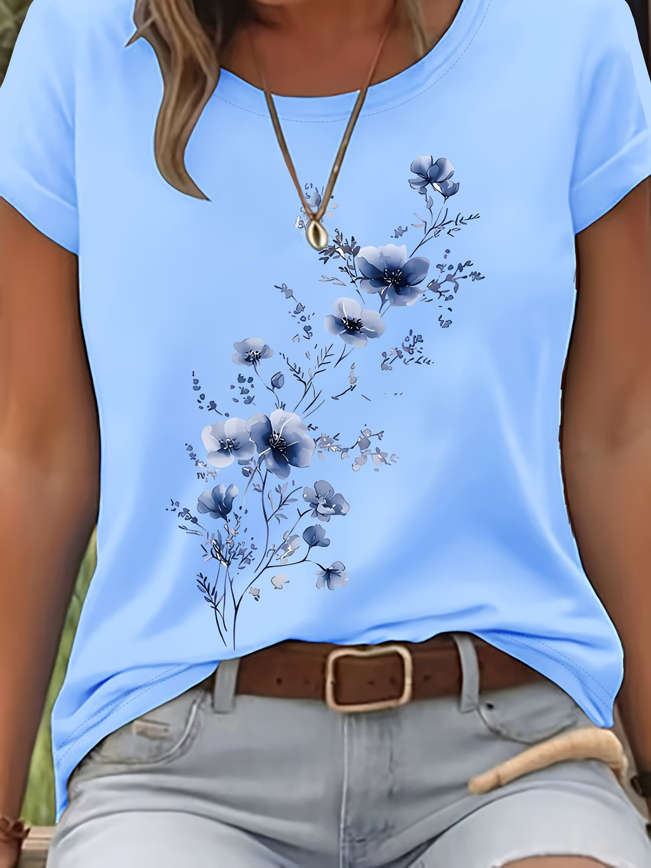 Women Floral Short Sleeve Tee T-shirt Crew Neck Printing Casual Graphic ...