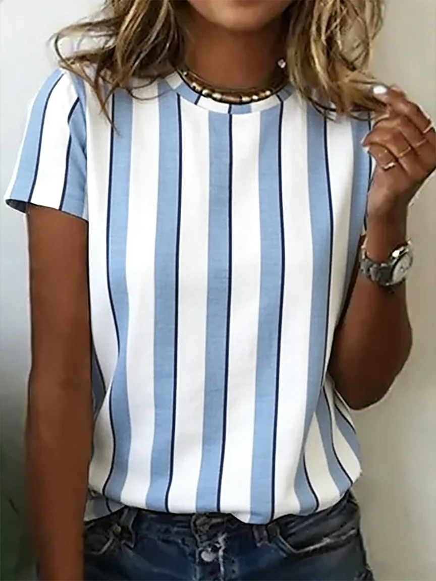 Women Striped Short Sleeve Tee T-shirt Crew Neck Casual Summer Top ...
