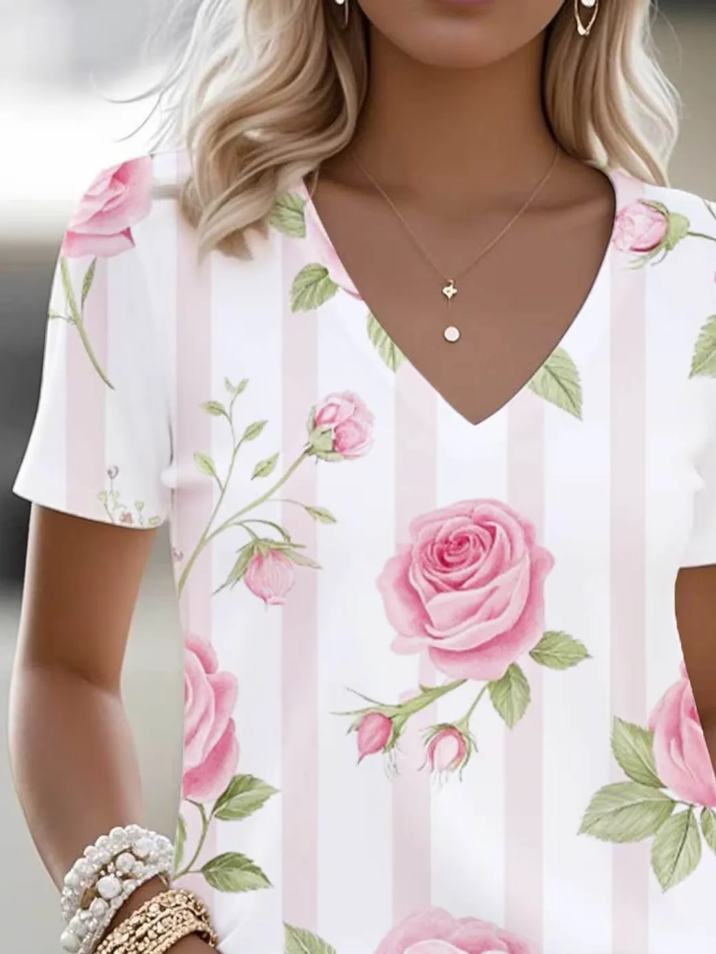 Women Striped Short Sleeve Tee T-shirt V Neck Printing Vintage Summer ...