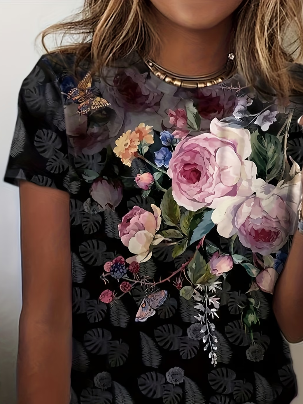 Women Floral Short Sleeve Tee T-shirt Crew Neck Printing Casual Graphic ...