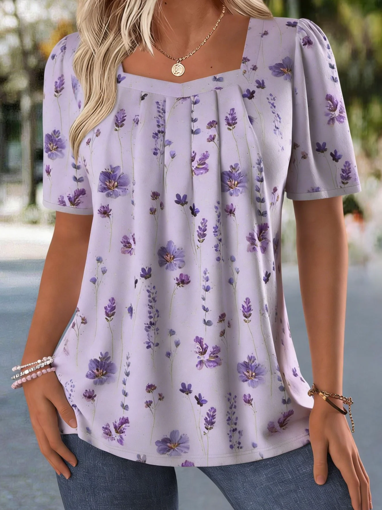 Women Floral Short Sleeve Tee T-shirt Square Neck Elegant Summer Top ...