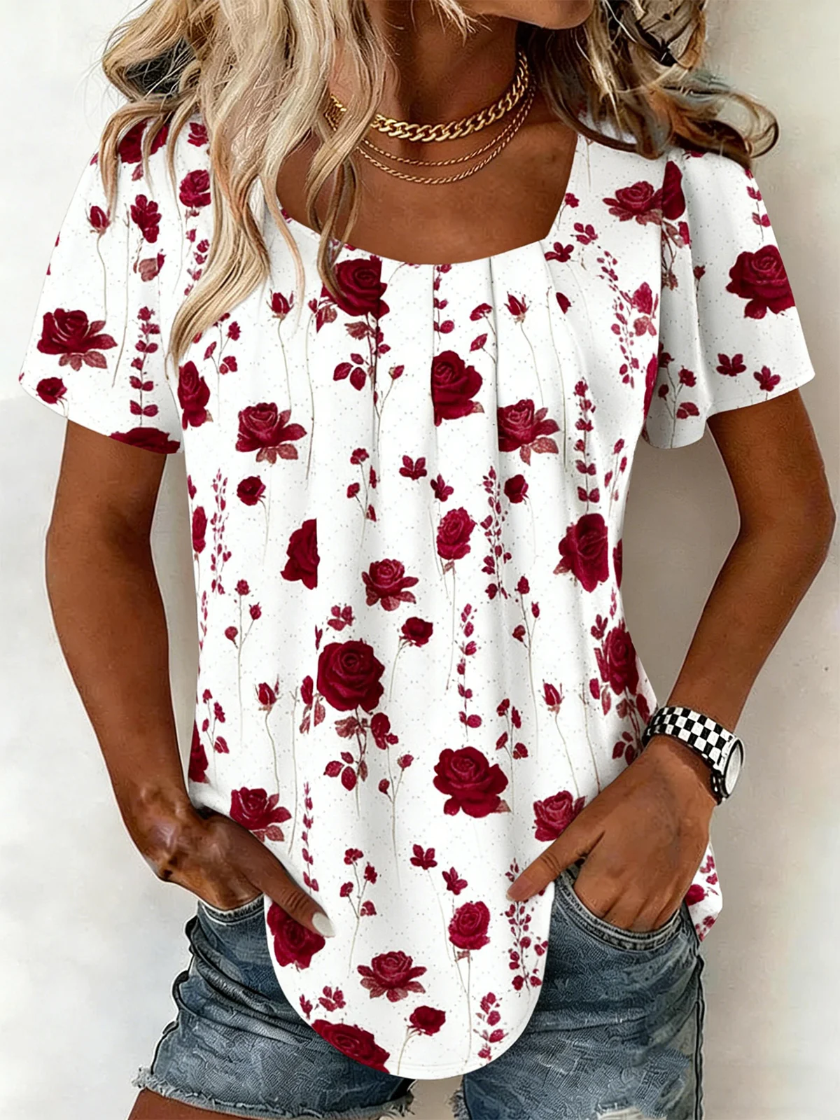 Women Floral Short Sleeve Tee T-shirt Square Neck Elegant Summer Top ...