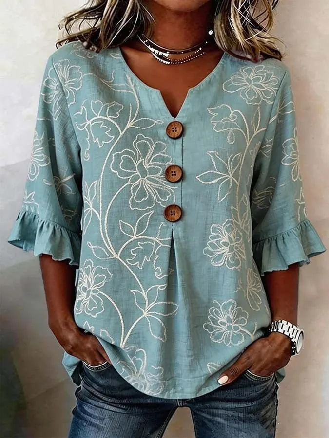 Women Floral V Neck Short Sleeve Blouse Casual Daily Summer Top ...