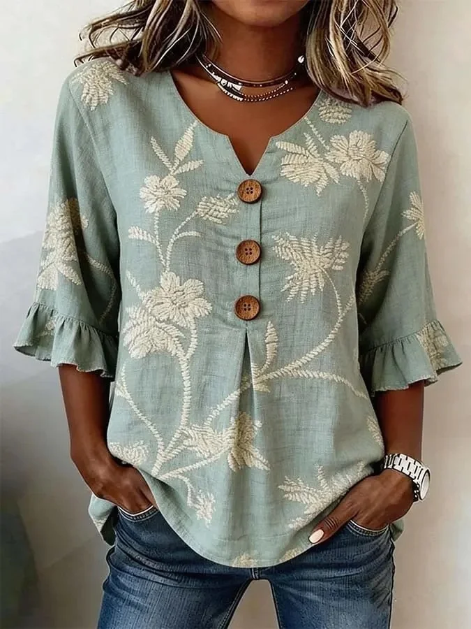 Women Floral V Neck Short Sleeve Blouse Casual Daily Summer Top ...