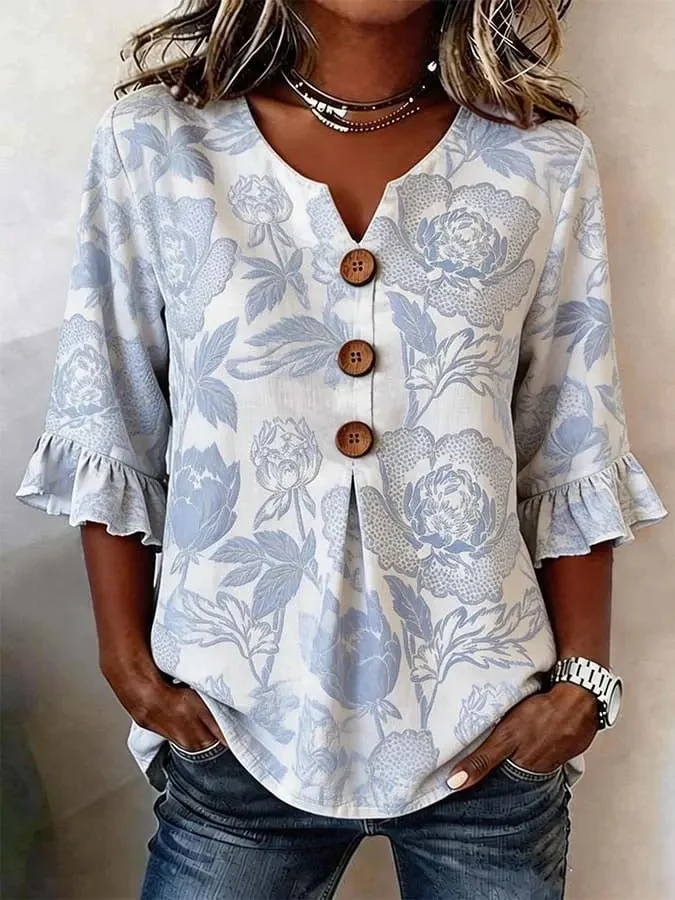 Women Floral V Neck Short Sleeve Blouse Casual Daily Summer Top ...