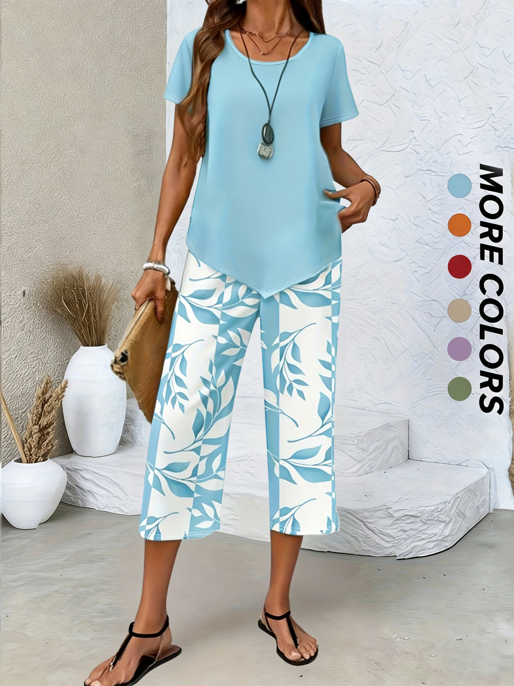 Women Floral Two-Piece Set Daily Short Sleeve Casual Summer Top With ...