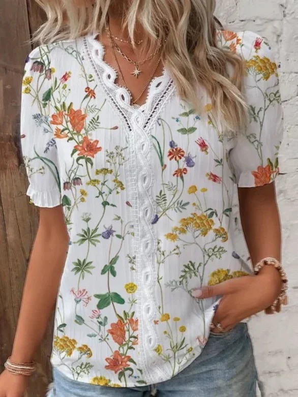 Women Floral V Neck Short Sleeve Blouse Casual Daily Summer Top ...