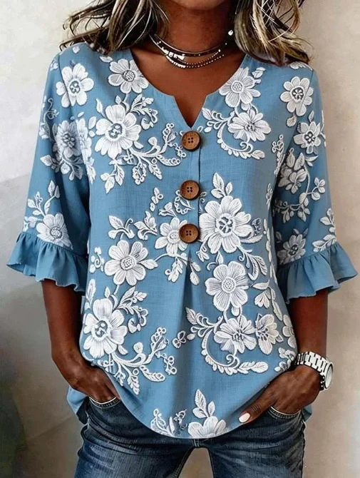 Women Floral V Neck Short Sleeve Blouse Casual Daily Summer Top ...