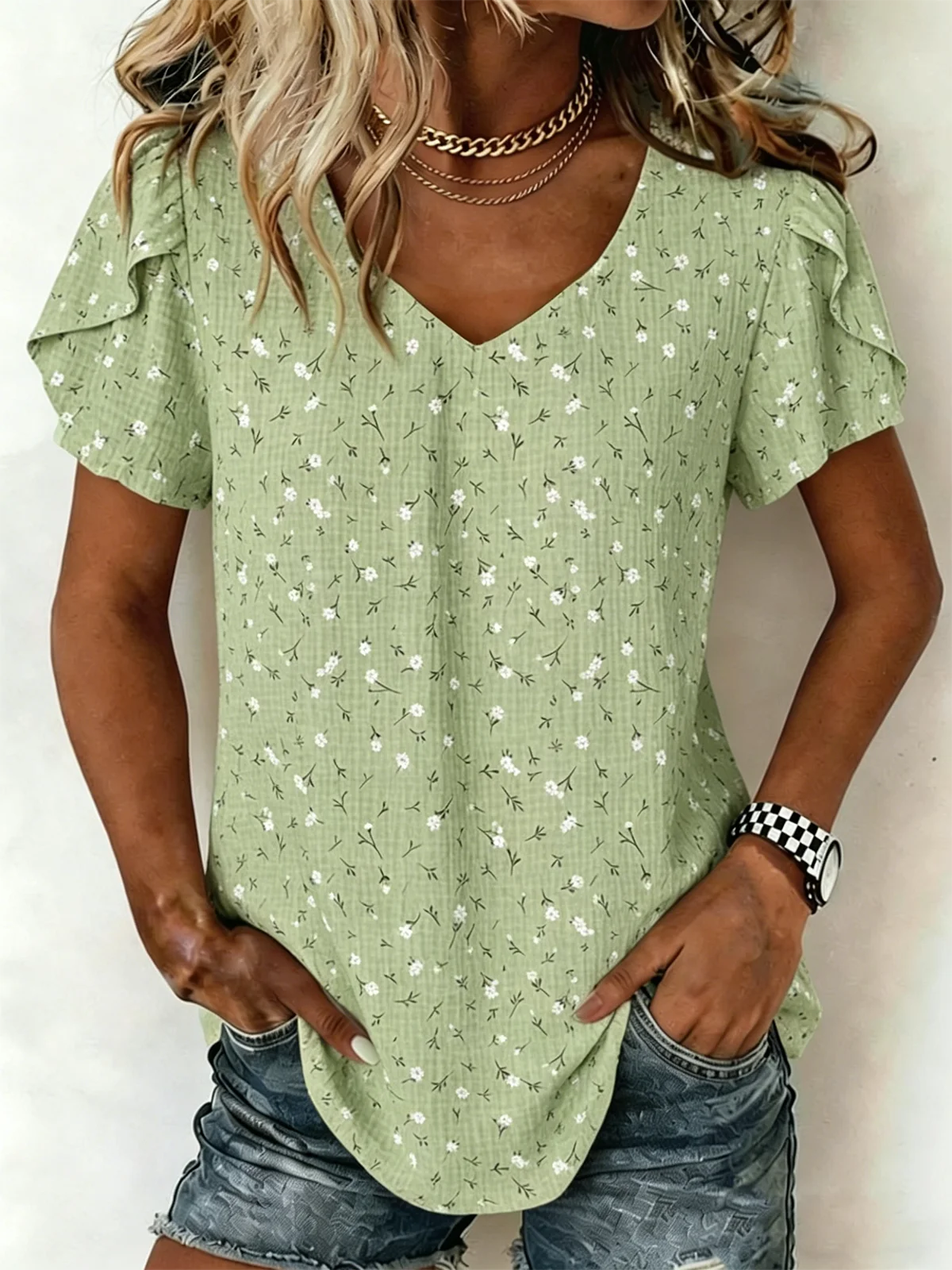 Women Floral V Neck Short Sleeve Shirt Elegant Daily Summer Top ...