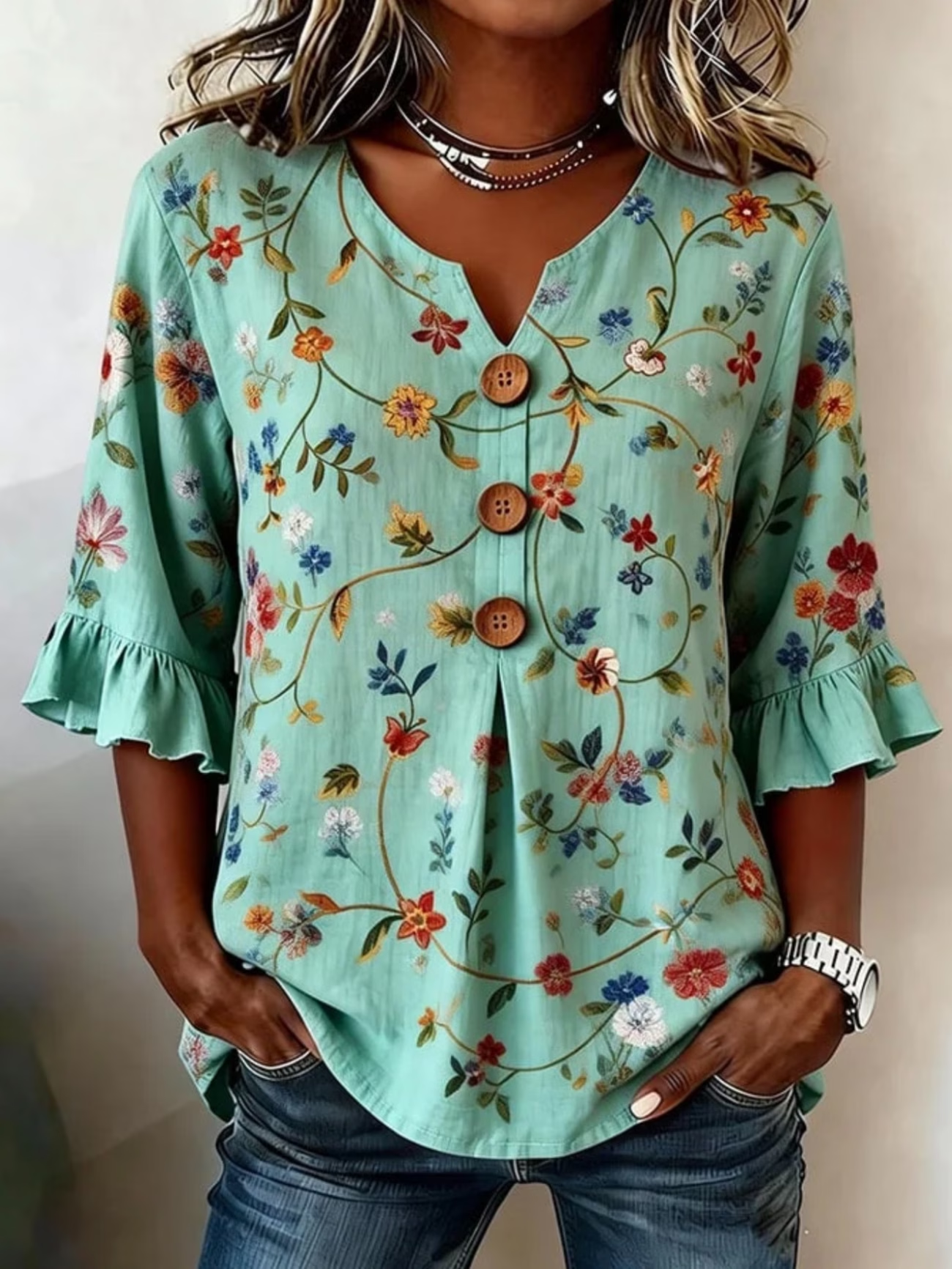 Women Floral V Neck Half Sleeve Blouse Printing Vintage Daily Summer ...