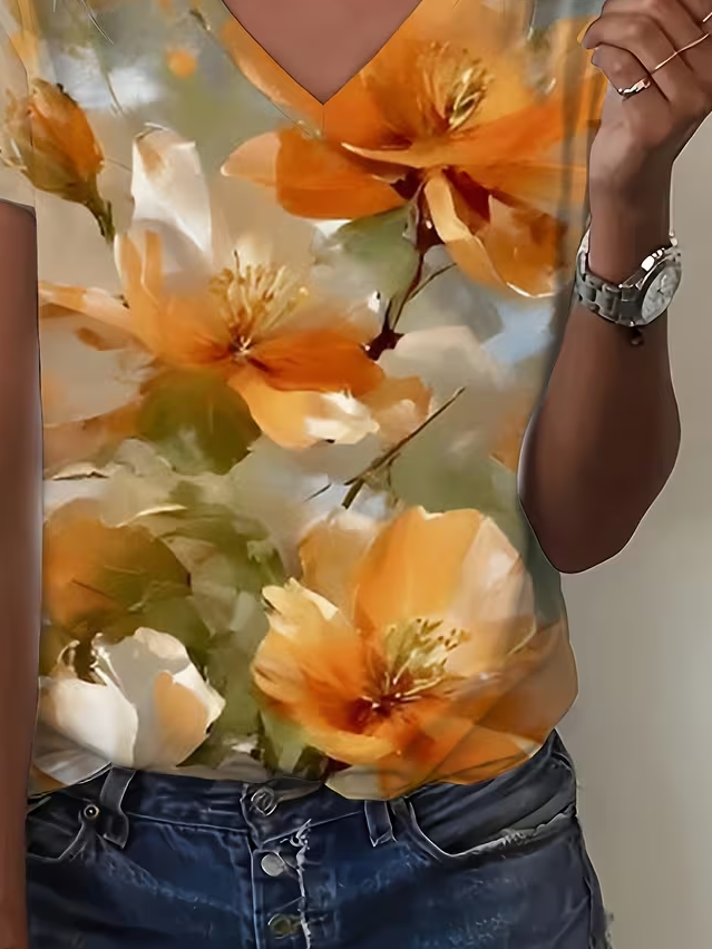 Women Floral Short Sleeve Tee T-shirt V Neck Printing Vintage Summer ...
