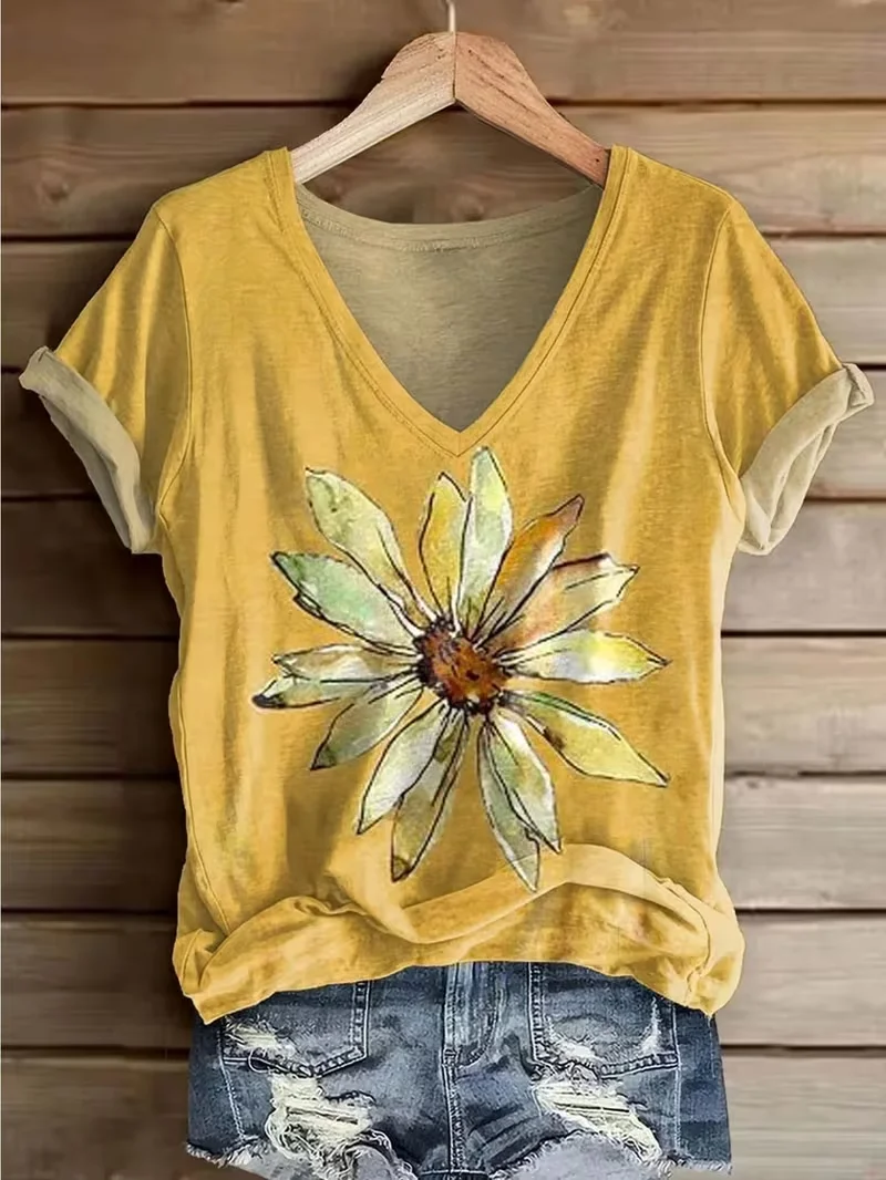 Women Floral Short Sleeve Tee T-shirt V Neck Printing Vintage Summer ...