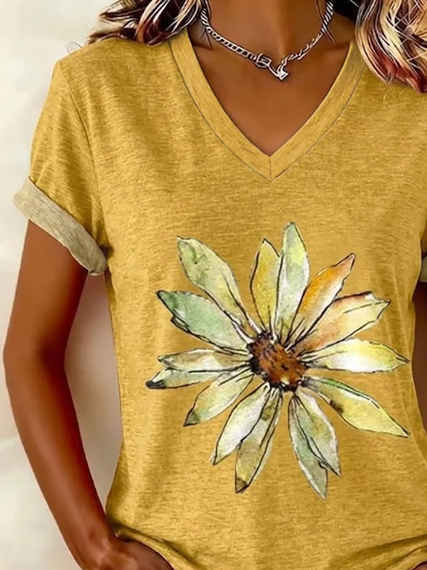 Women Floral Short Sleeve Tee T-shirt V Neck Printing Vintage Summer ...