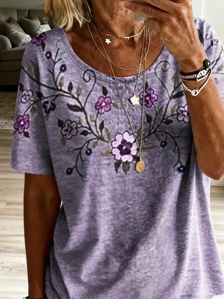 Women Floral Short Sleeve Tee T-shirt Crew Neck Printing Casual Graphic ...