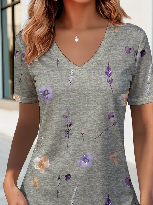 Women Floral Short Sleeve Tee T-shirt V Neck Printing Vintage Summer ...