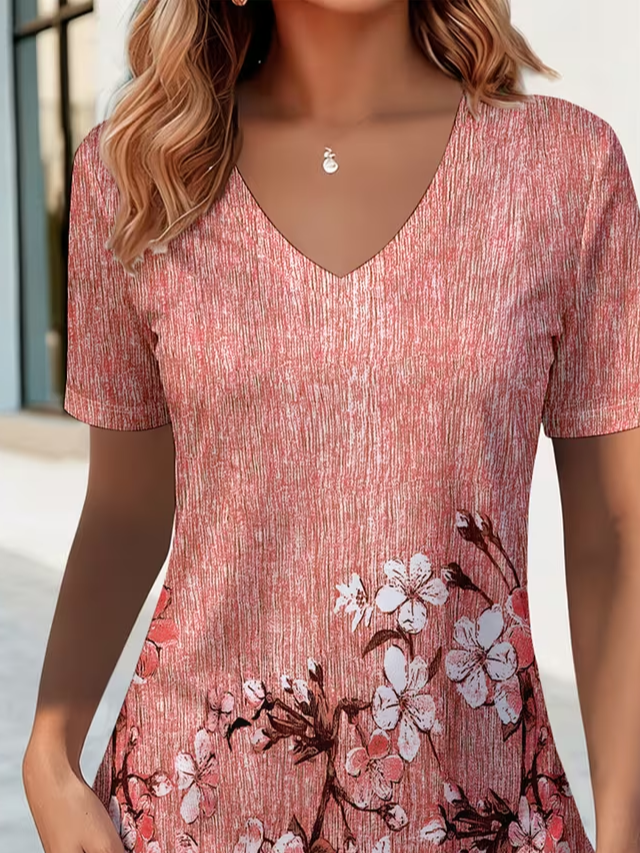 Women Floral Short Sleeve Tee T-shirt V Neck Printing Vintage Summer ...
