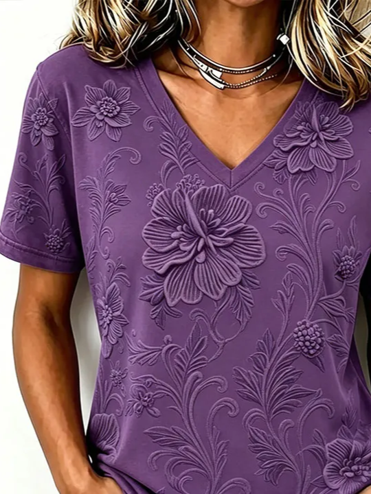 Women Floral Short Sleeve Tee T-shirt V Neck Printing Vintage Summer ...