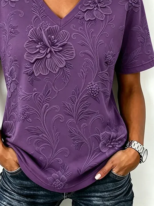 Women Floral Short Sleeve Tee T-shirt V Neck Printing Vintage Summer ...