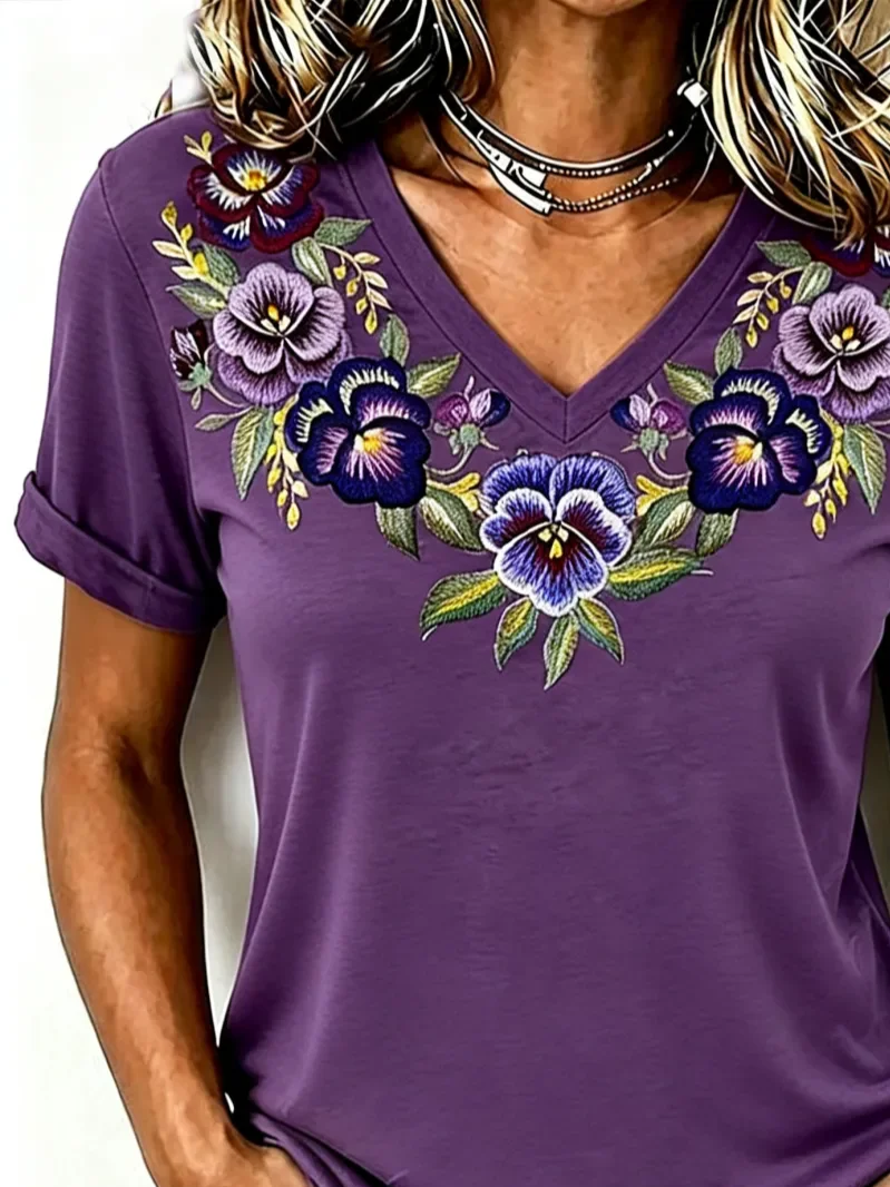 Women Floral Short Sleeve Tee T-shirt V Neck Printing Vintage Summer ...