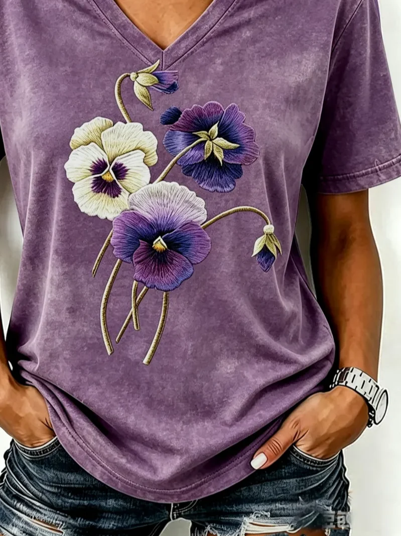 Women Floral Short Sleeve Tee T-shirt V Neck Printing Vintage Summer ...