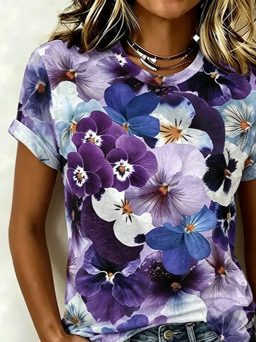 Women Floral Short Sleeve Tee T-shirt Crew Neck Printing Casual Graphic ...