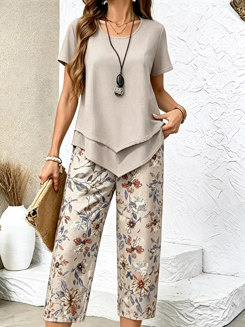 Women Floral Printing Two-Piece Set Daily Short Sleeve Casual Summer ...