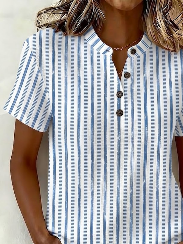 Women Striped V Neck Short Sleeve Shirt Printing Casual Daily Summer ...