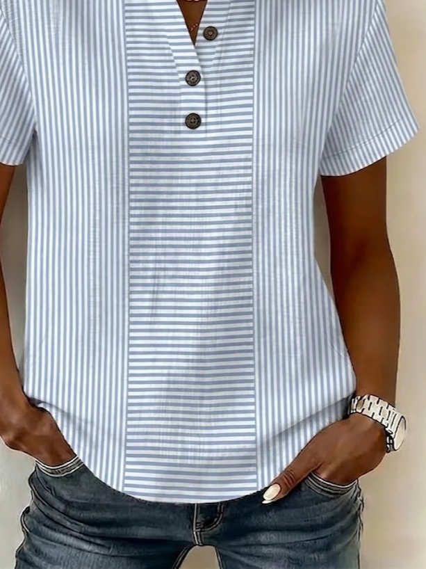 Women Striped V Neck Short Sleeve Shirt Printing Casual Daily Summer ...