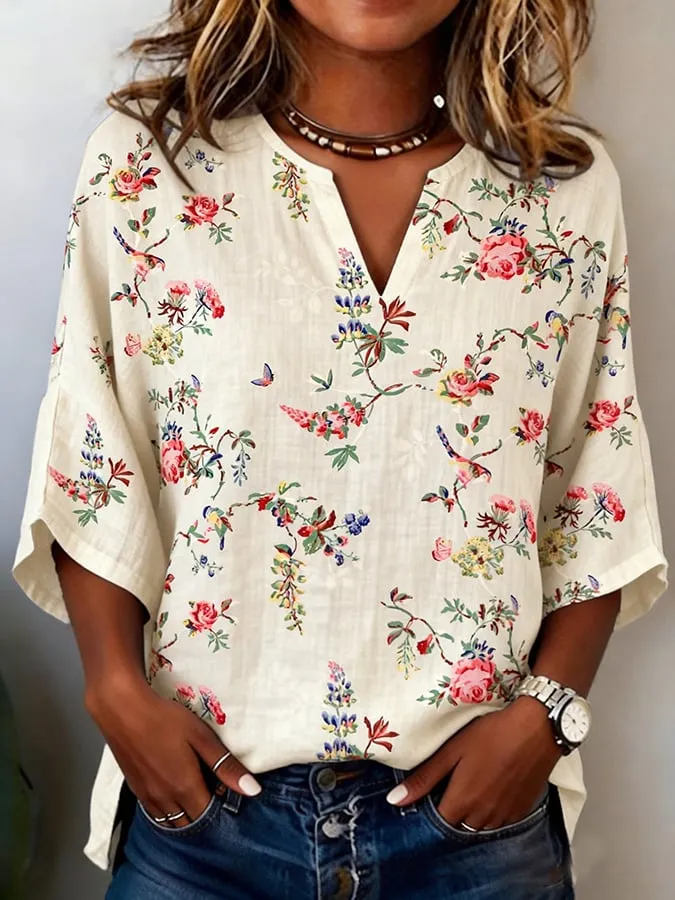 Women Floral V Neck Half Sleeve Blouse Printing Casual Daily Summer Top ...