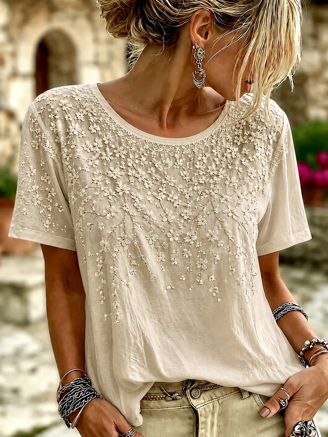 Women Floral Short Sleeve Tee T-shirt Crew Neck Printing Casual Summer ...